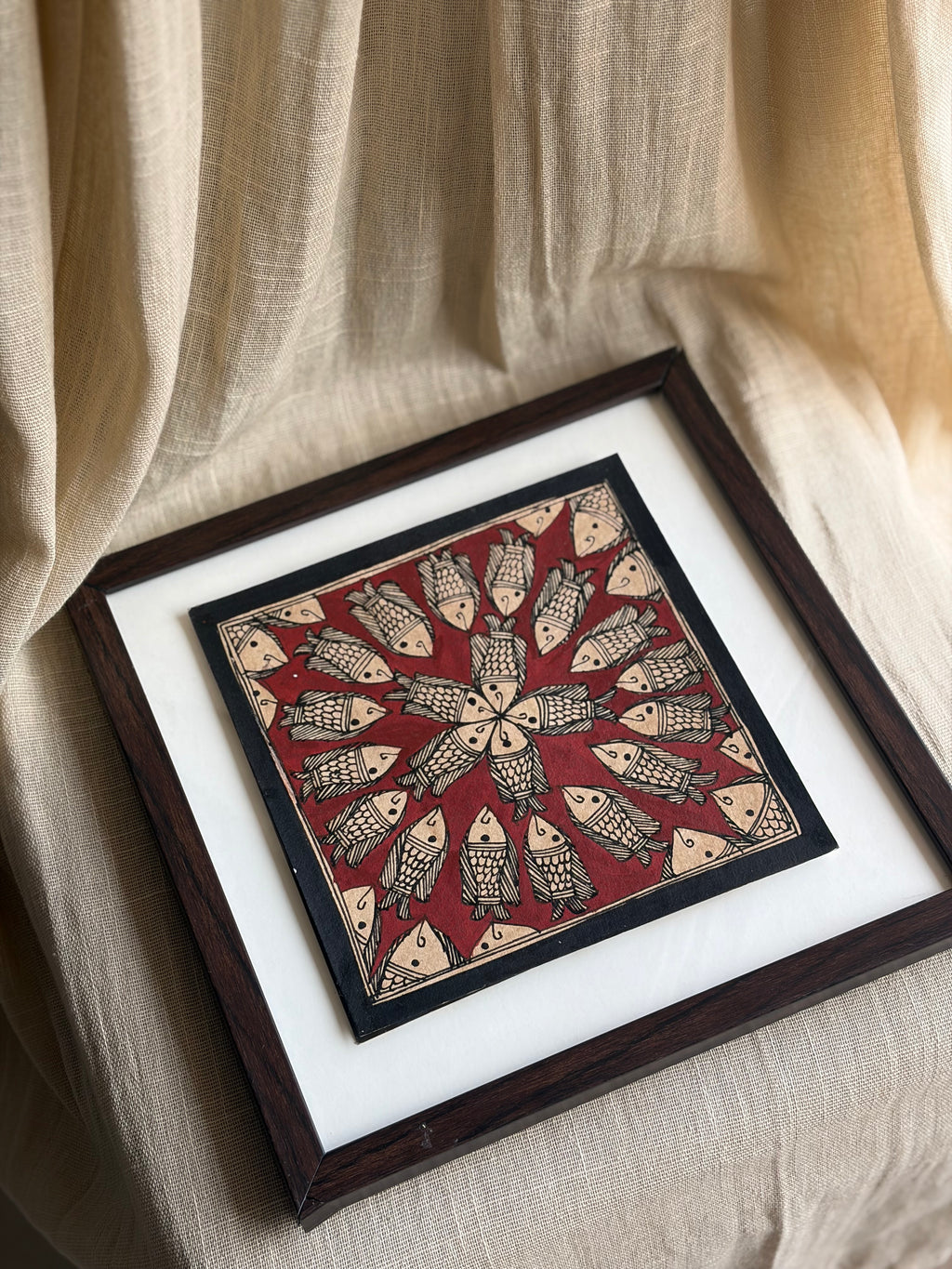Original Madhubani Maroon Spiral Fish Painting- Framed