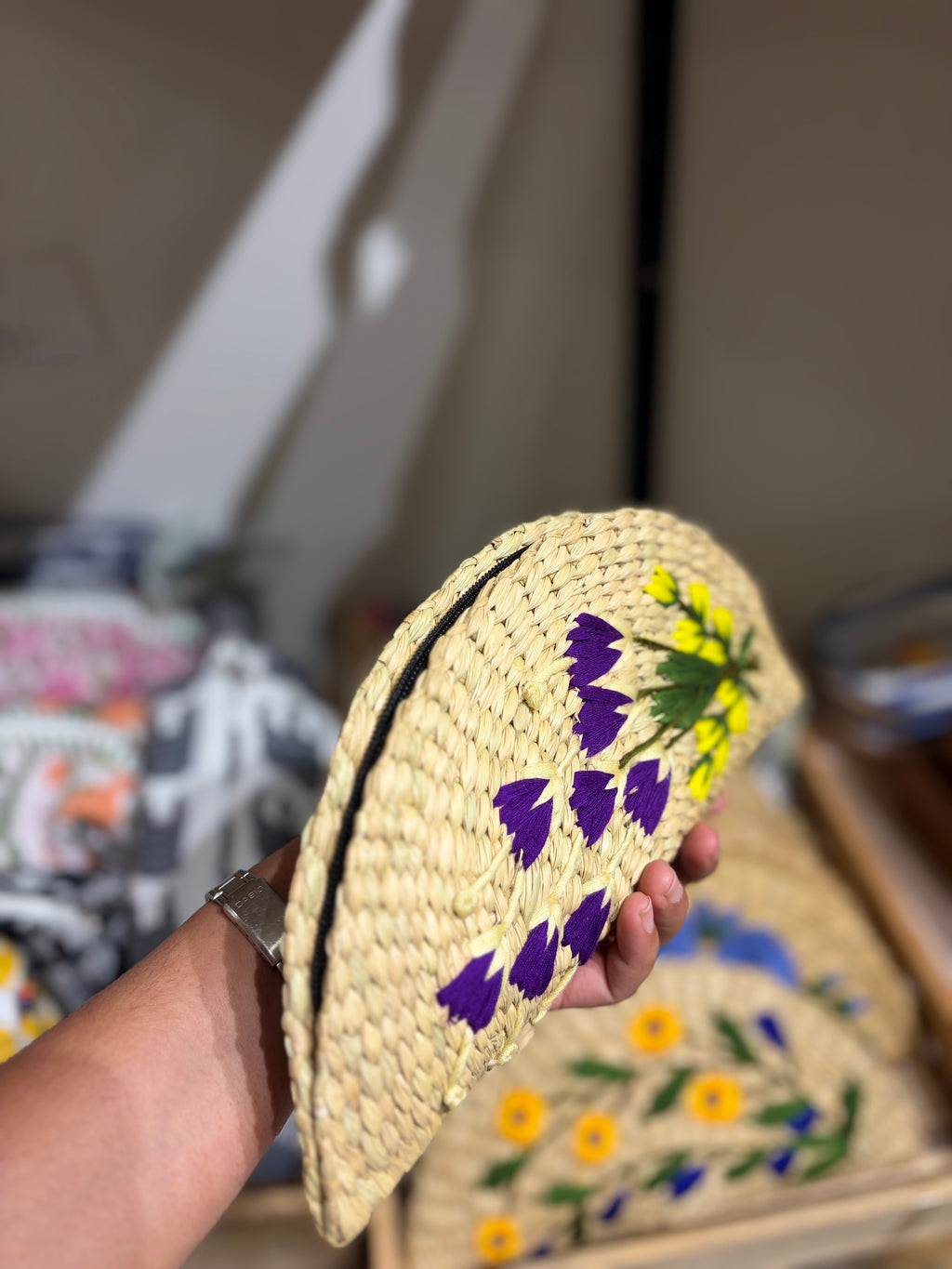 Embroidery jute clutch, Violet flowers