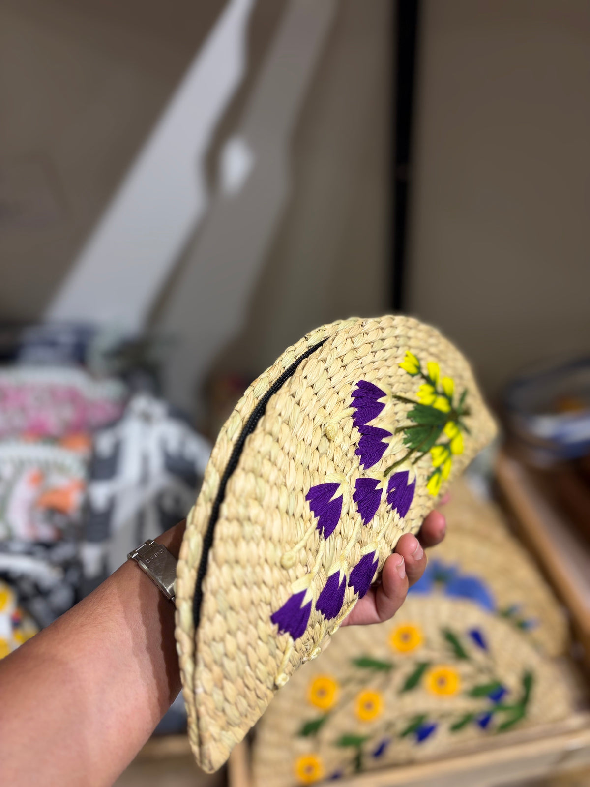 Embroidery jute clutch, Violet flowers