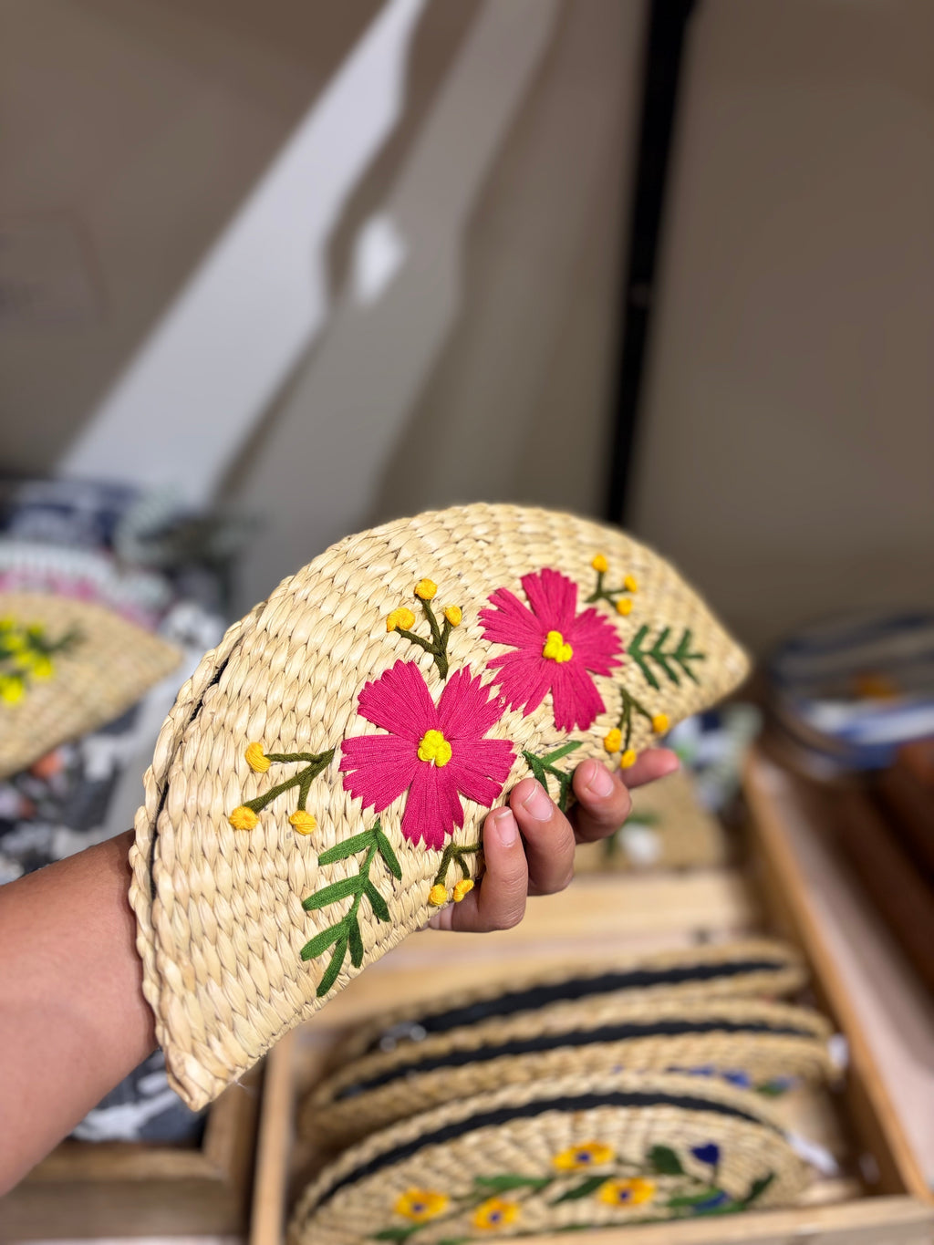 Embroidery jute clutch- pink flowers