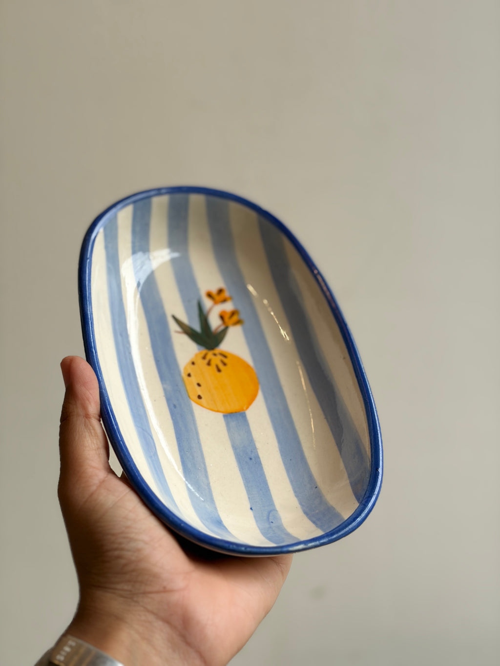 Blue strip Lemon oval serving plate bowl