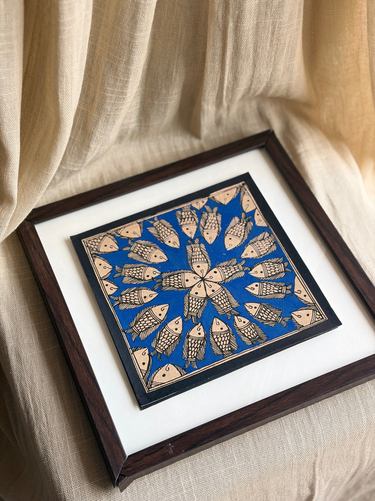 Original Madhubani Blue spiral Fish- Framed