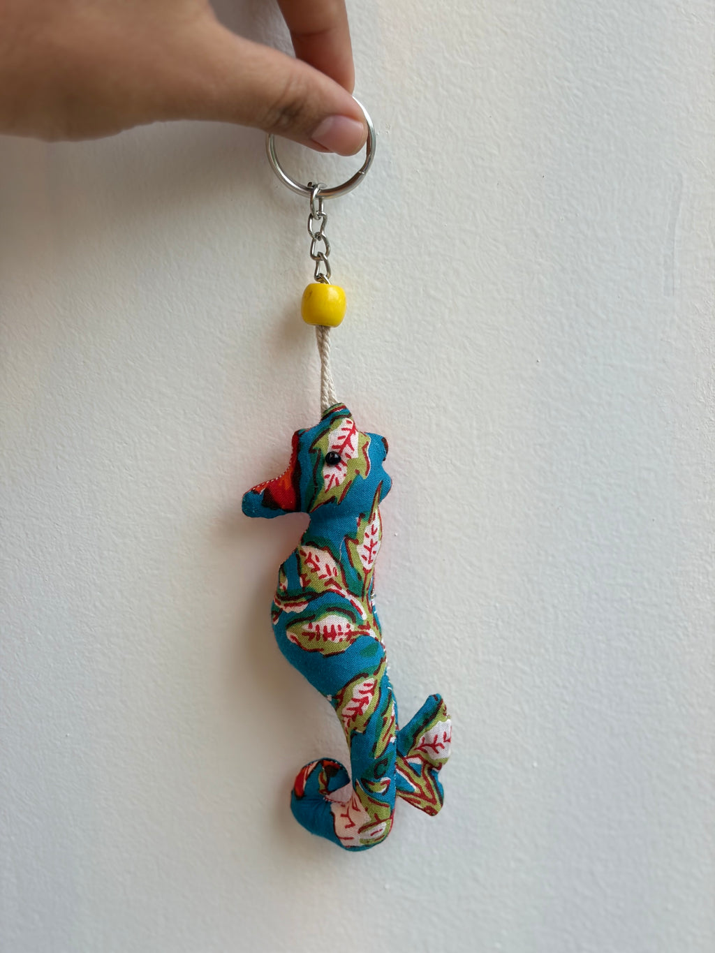 Blue seahorse keychain, handmade with fabric