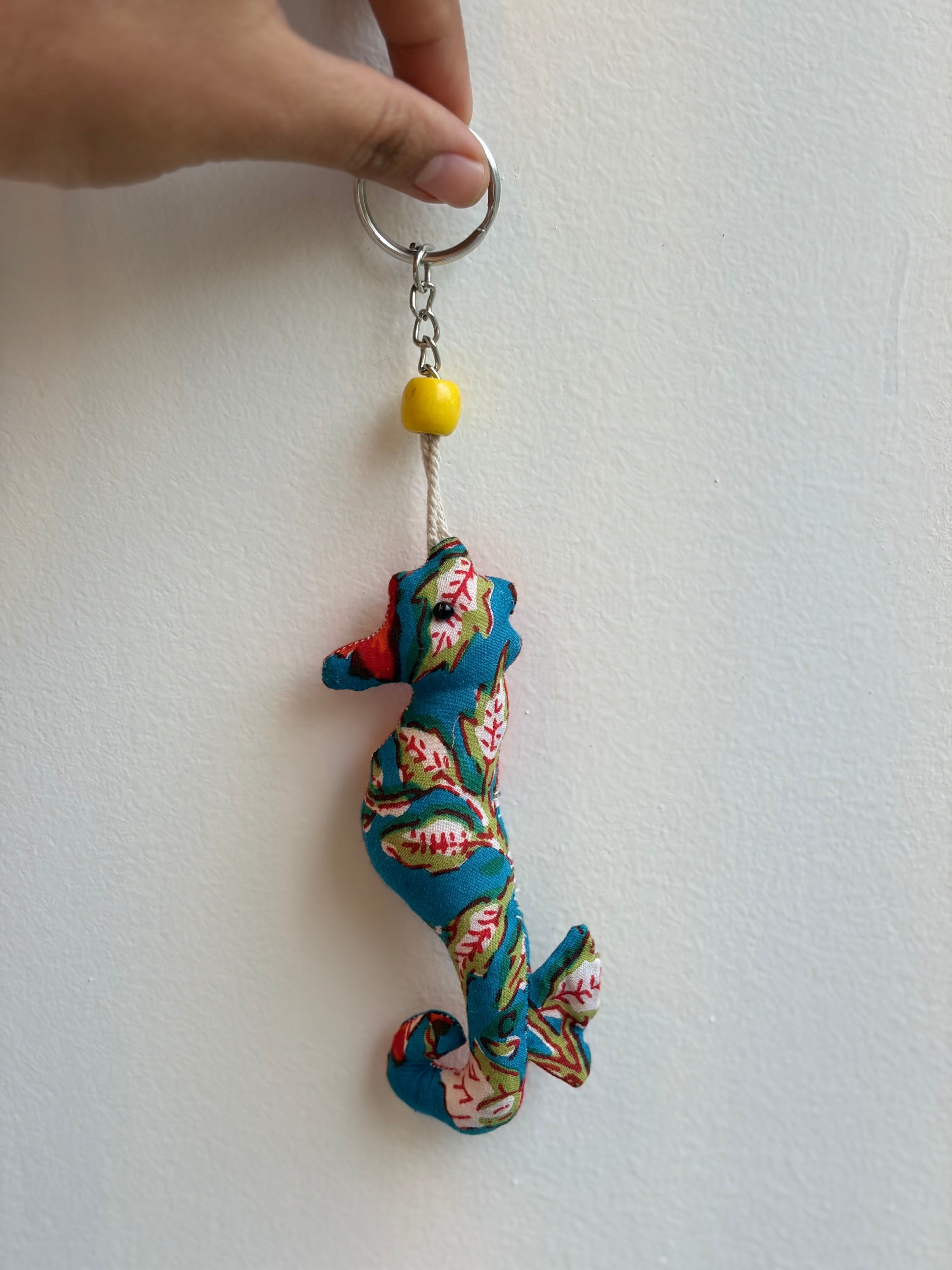 Blue seahorse keychain, handmade with fabric