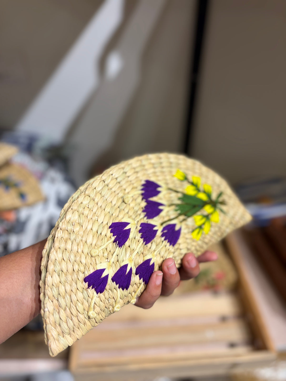 Embroidery jute clutch, Violet flowers