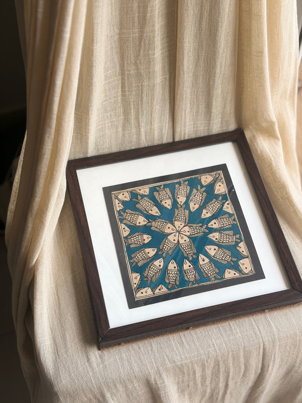 Original Madhubani Teal Blue Spiral Fish- Framed