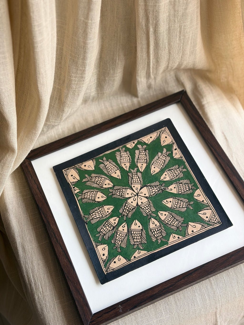 Original Madhubani Green Fish Painting- Framed