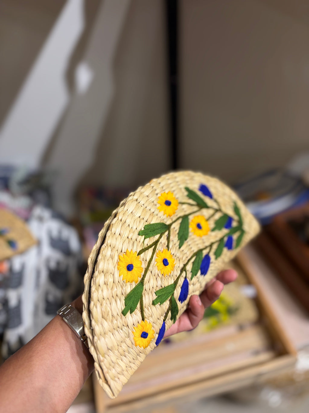 Embroidery jute clutch- yellow flowers