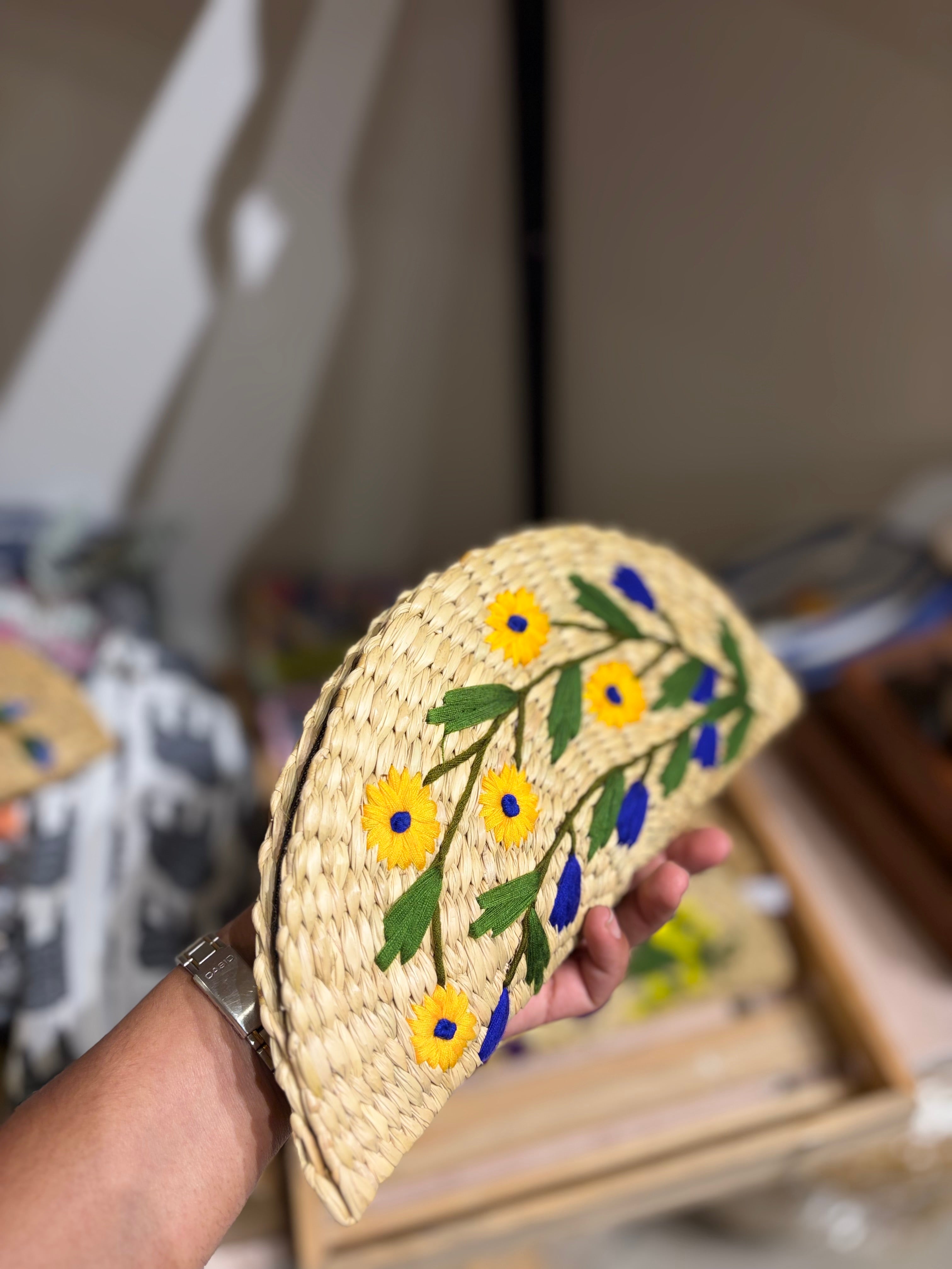 Embroidery jute clutch- yellow flowers