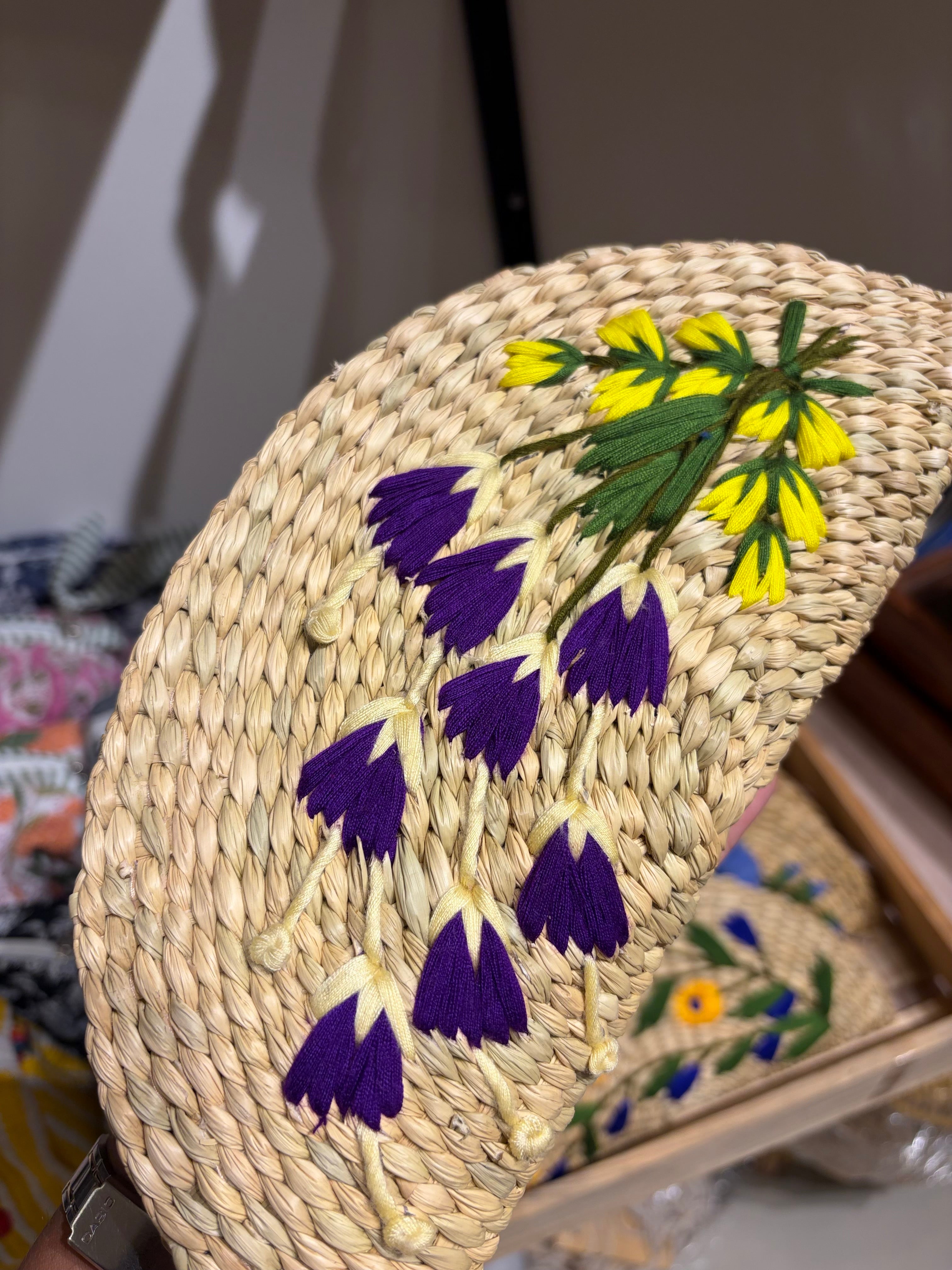 Embroidery jute clutch, Violet flowers