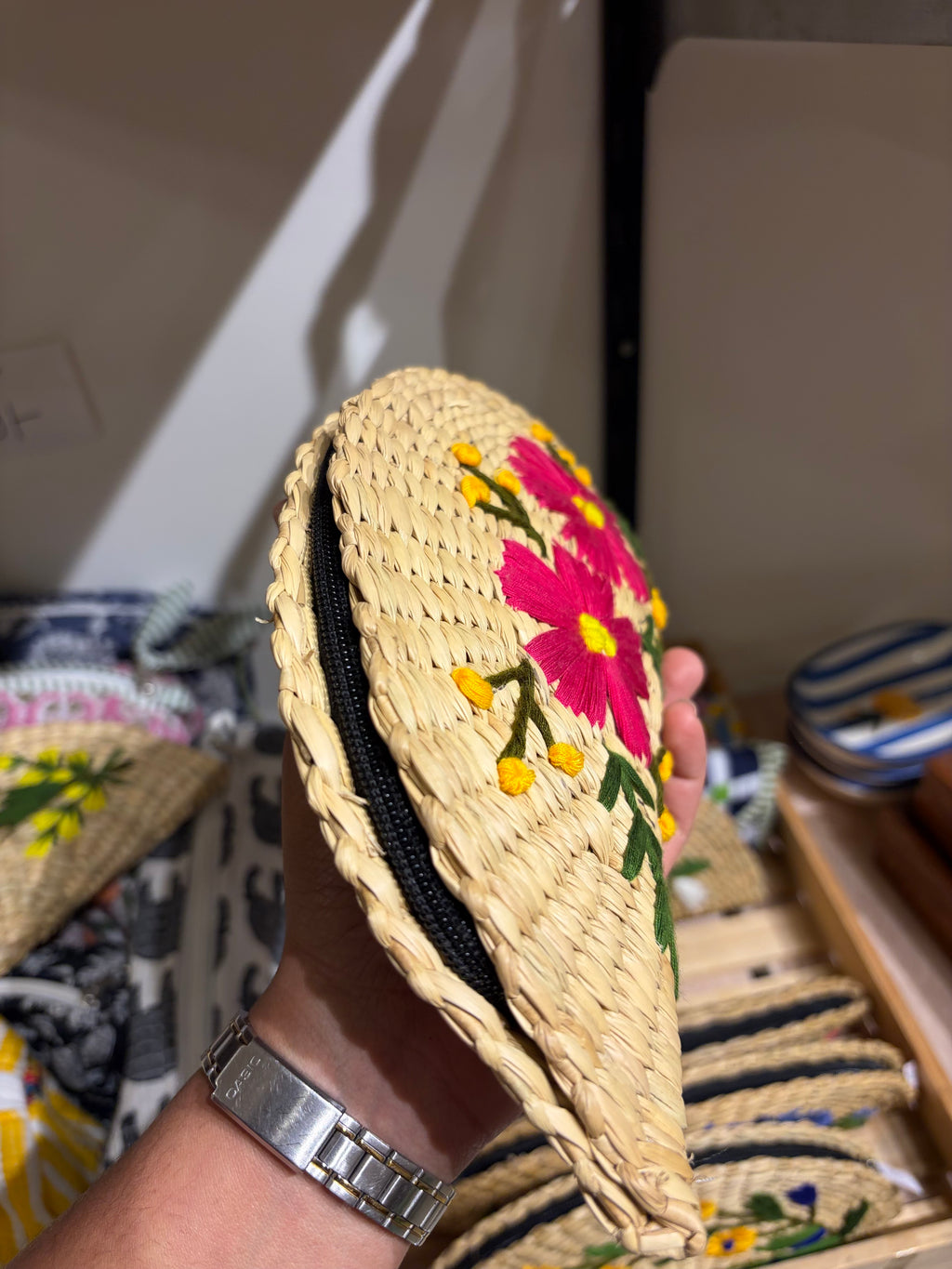 Embroidery jute clutch- pink flowers