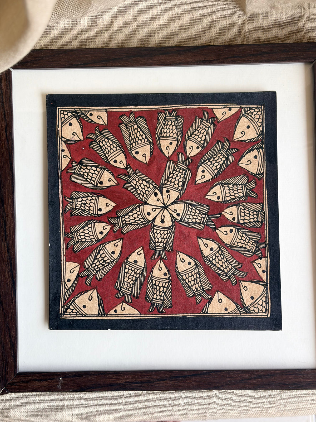 Original Madhubani Maroon Spiral Fish Painting- Framed