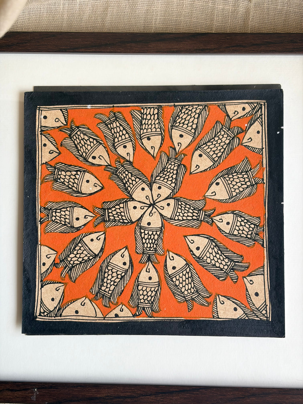Original Madhubani Orange spiral fish- Framed