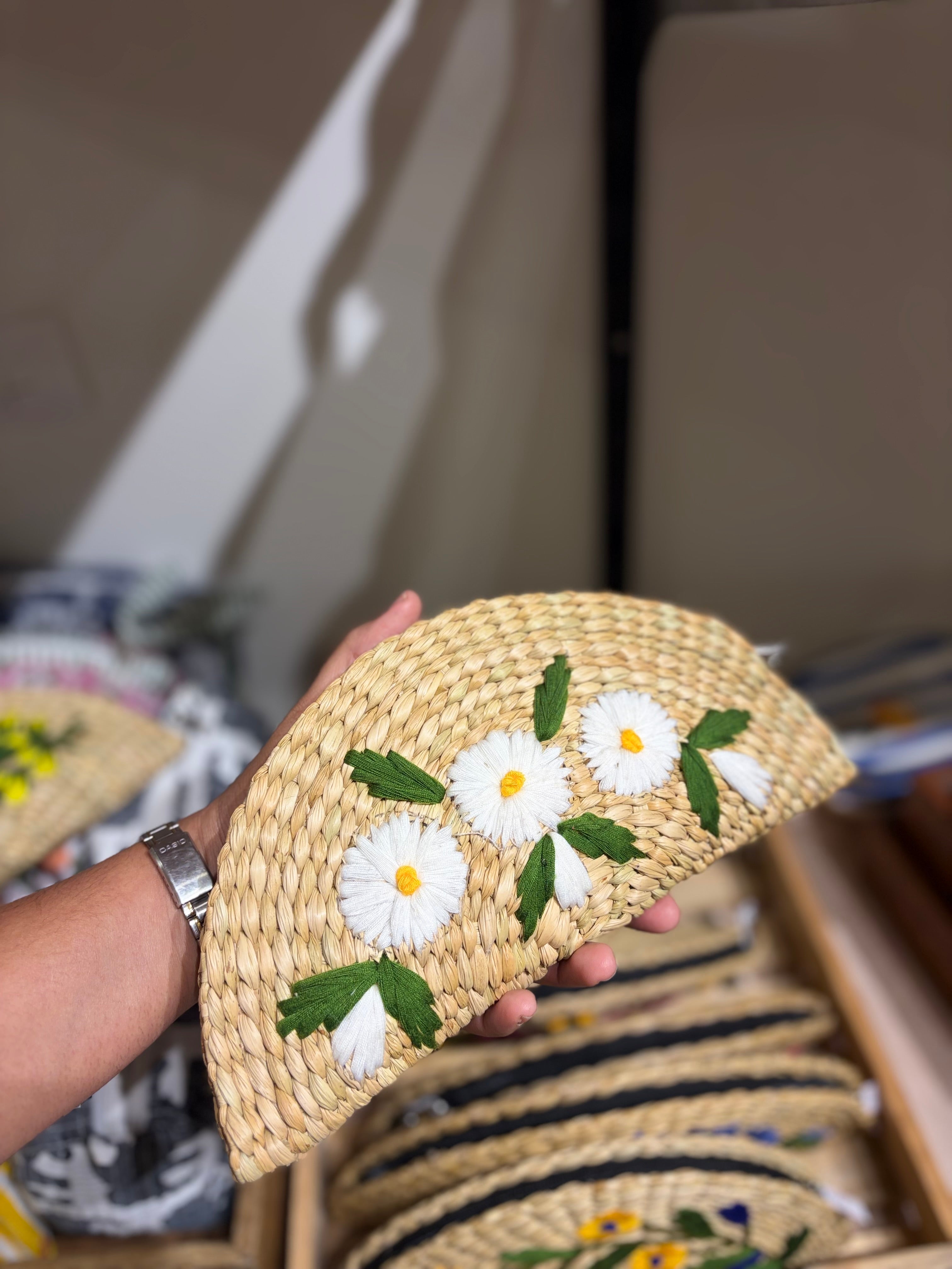 Embroidery jute clutch- white flowers