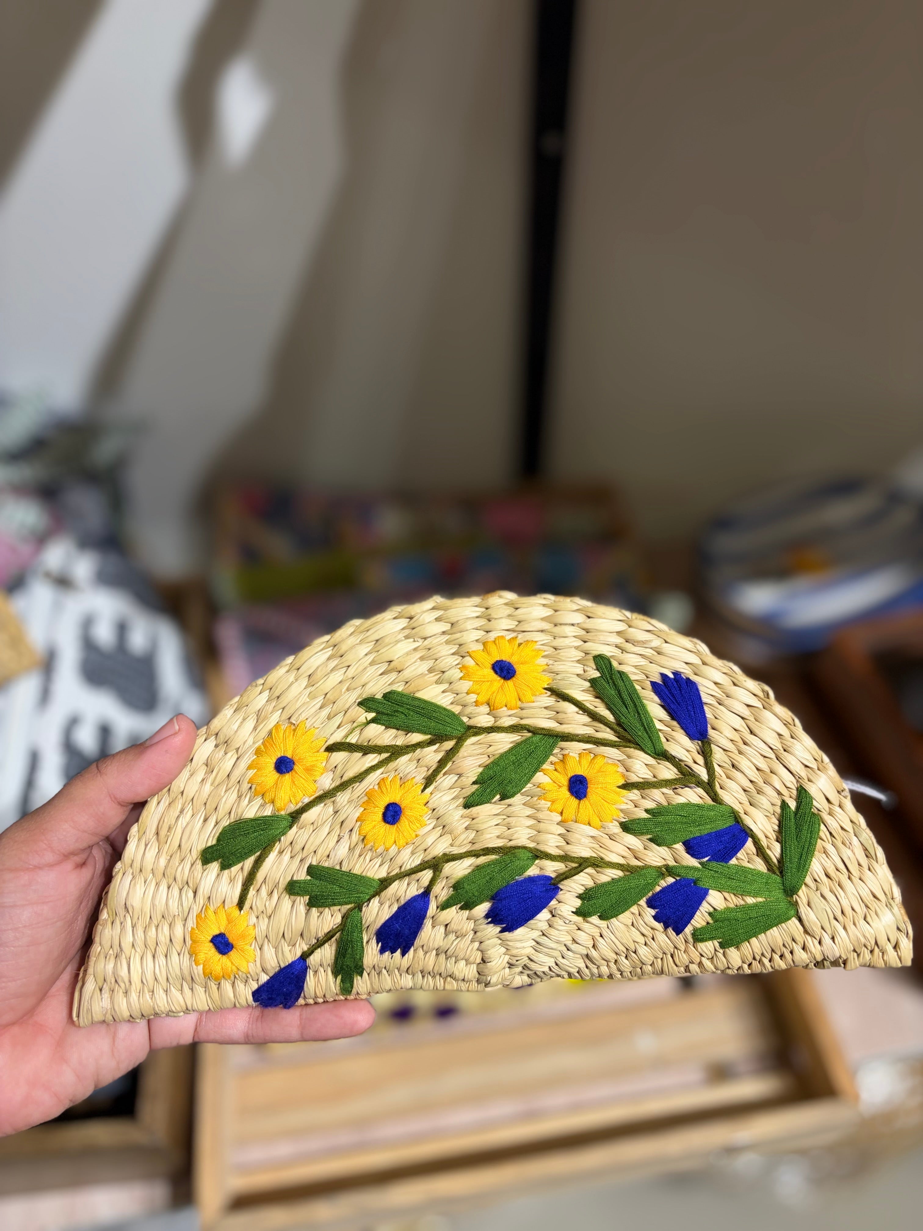 Embroidery jute clutch- yellow flowers