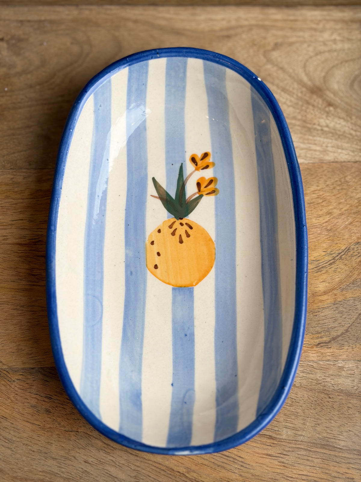 Blue strip Lemon oval serving plate bowl