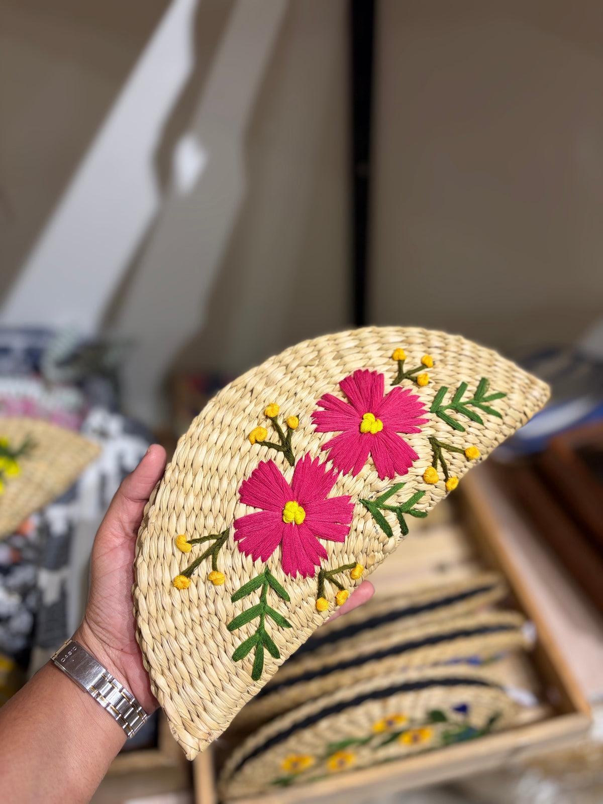 Embroidery jute clutch- pink flowers