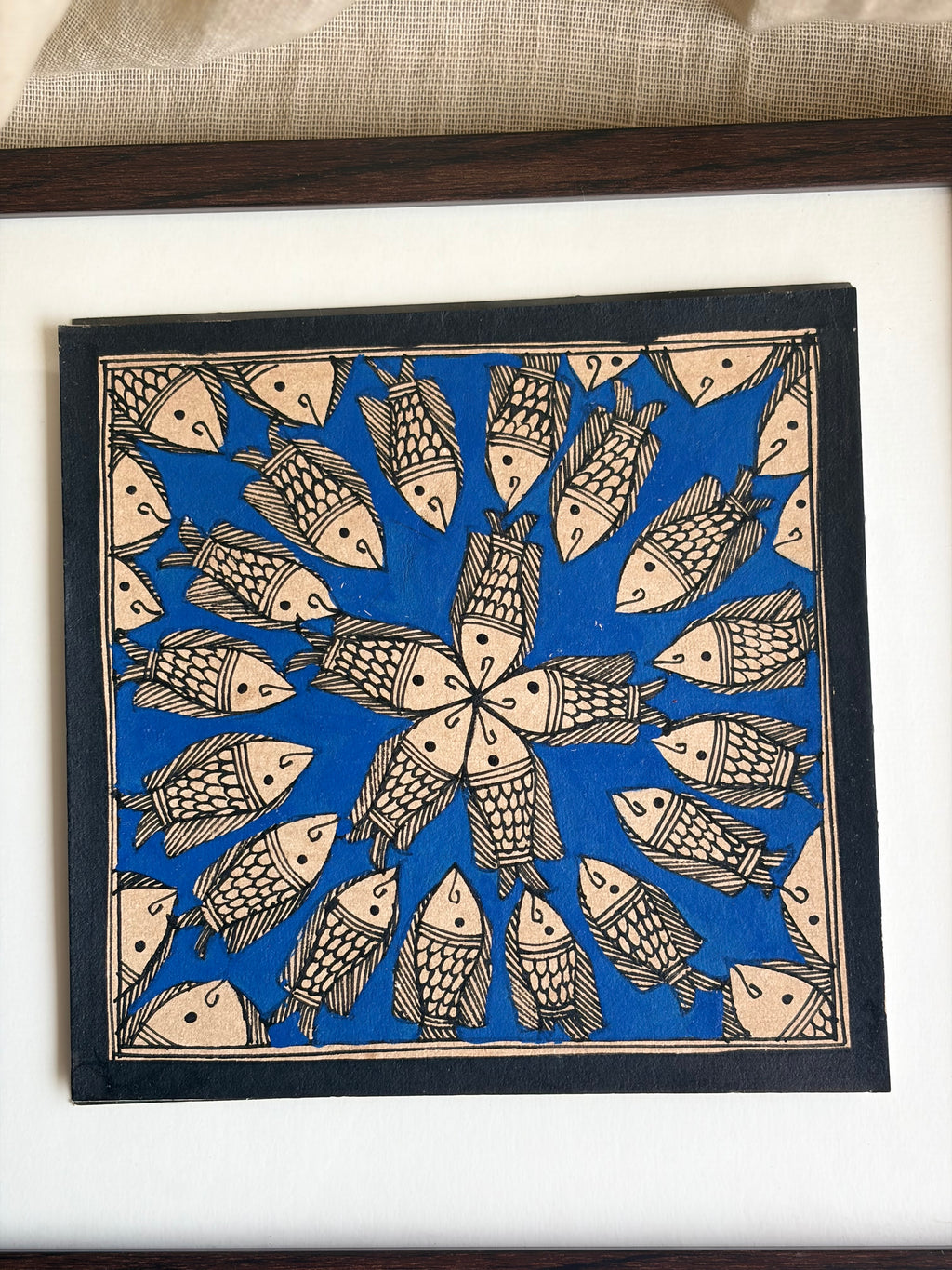 Original Madhubani Blue spiral Fish- Framed