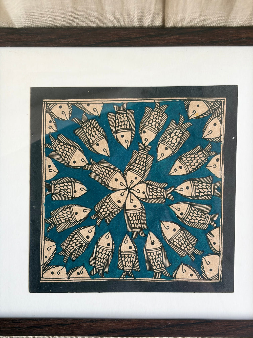 Original Madhubani Teal Blue Spiral Fish- Framed