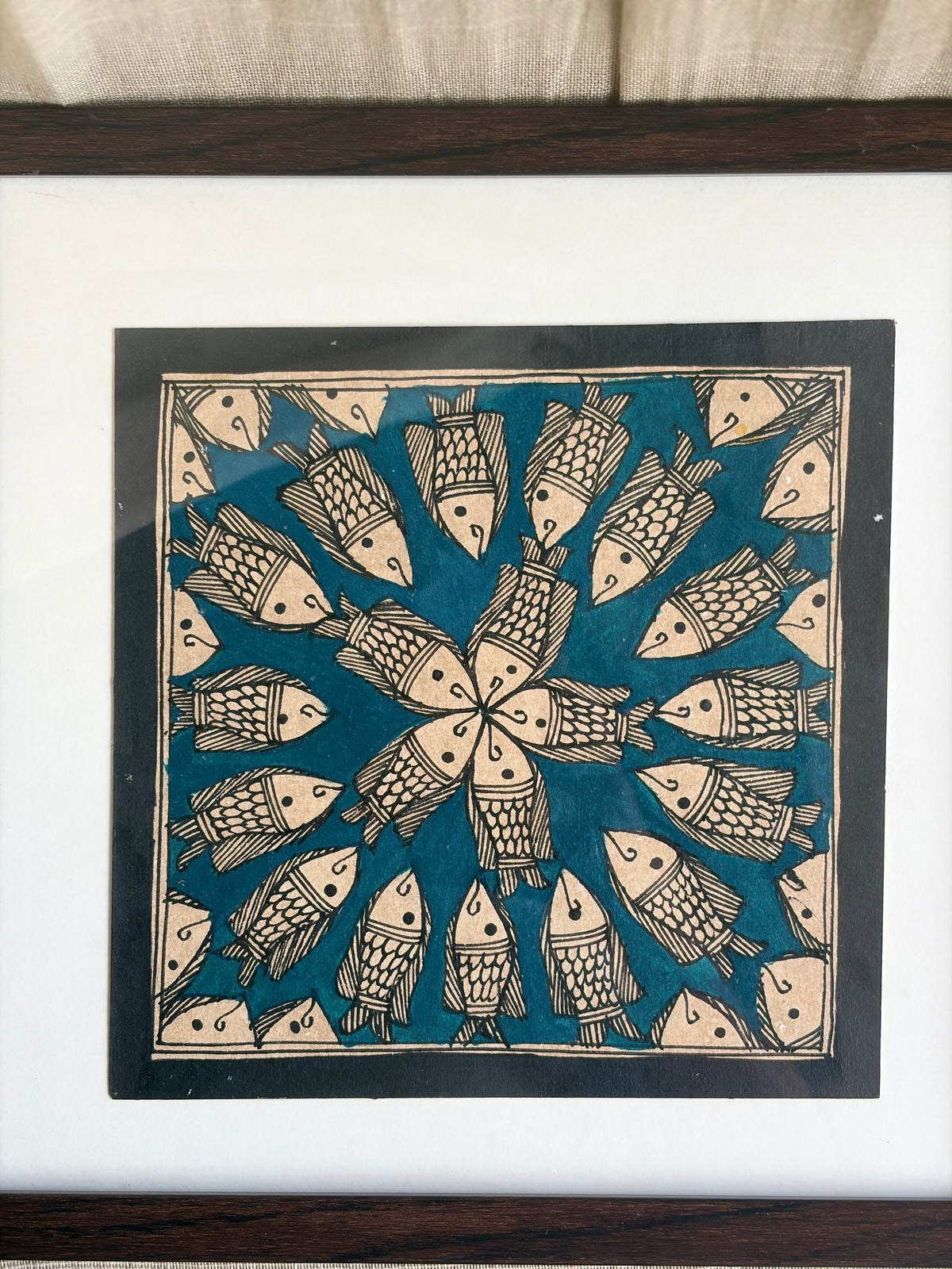 Original Madhubani Teal Blue Spiral Fish- Framed
