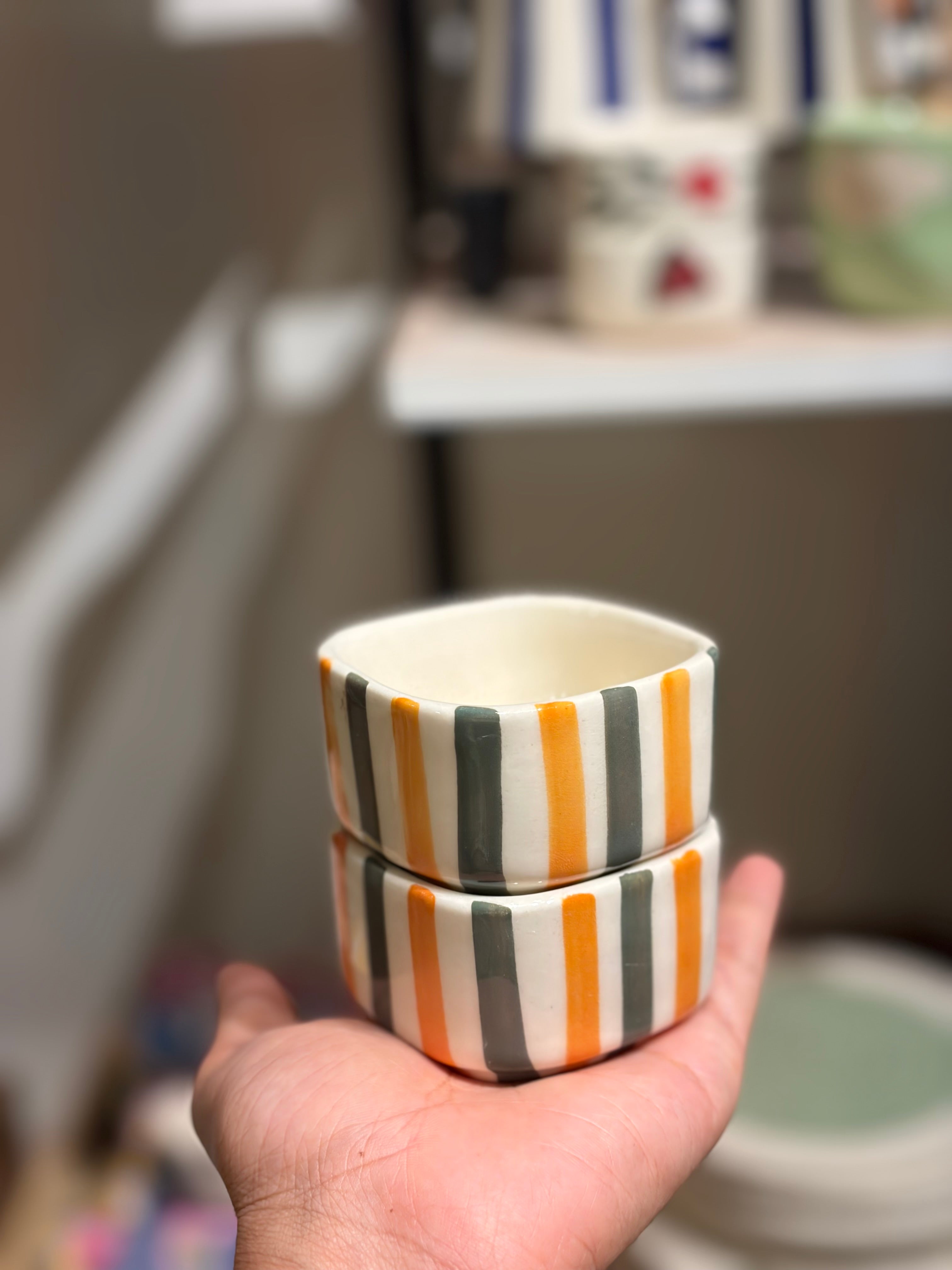 Dip Bowls - Green yellow strips -set of 2