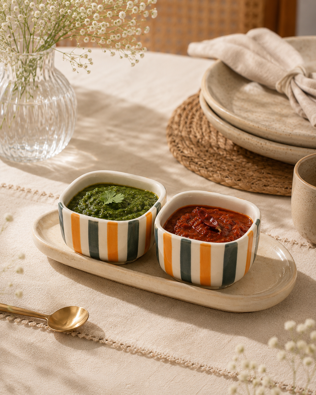 Dip Bowls - Green yellow strips -set of 2