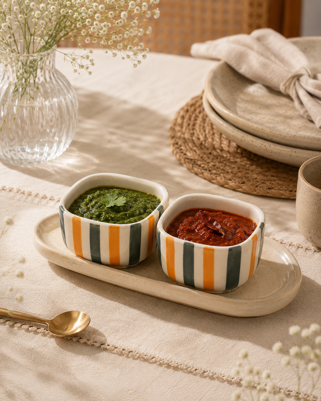 Dip Bowls - Green yellow strips -set of 2