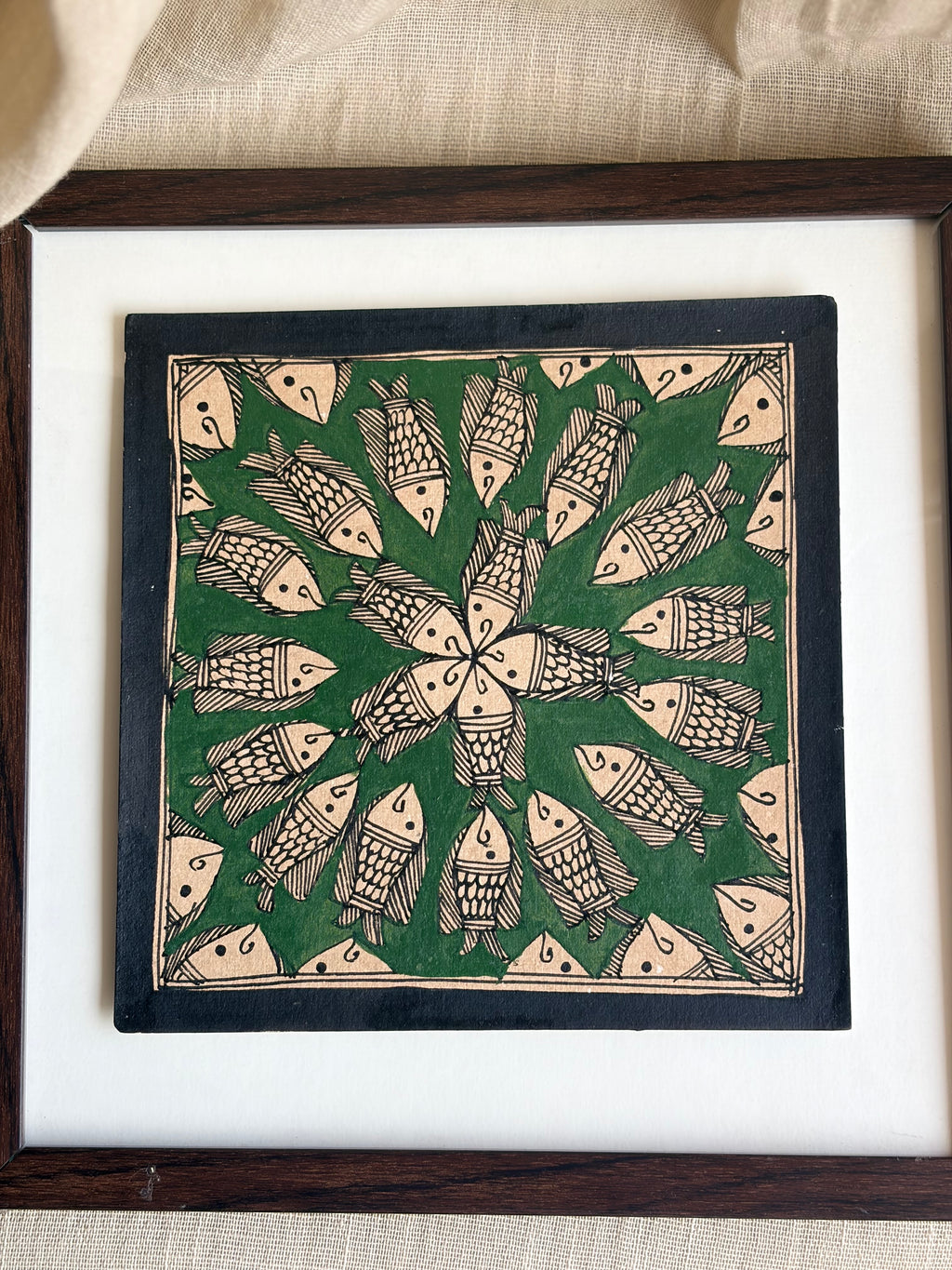 Original Madhubani Green Fish Painting- Framed