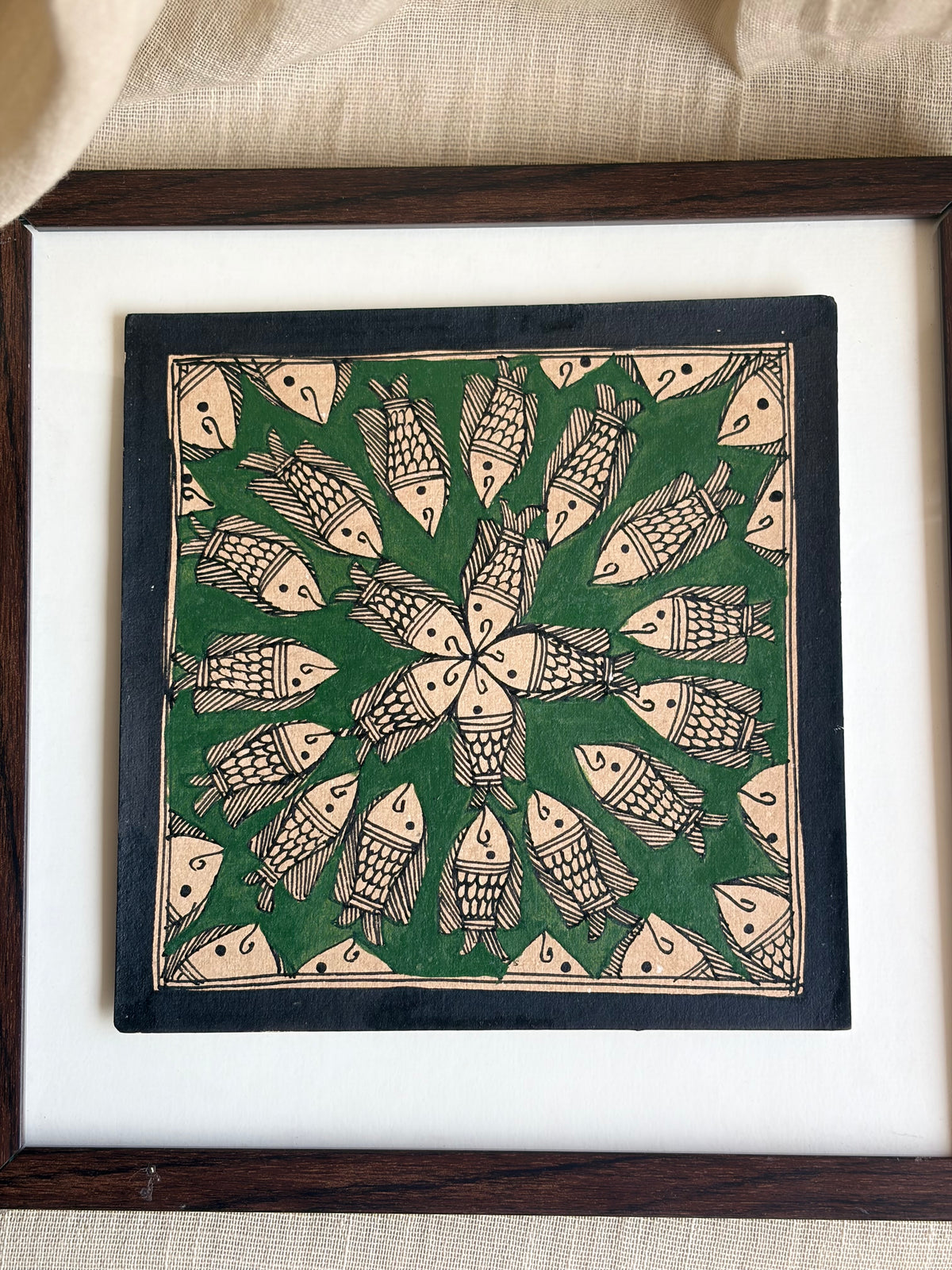Original Madhubani Green Fish Painting- Framed