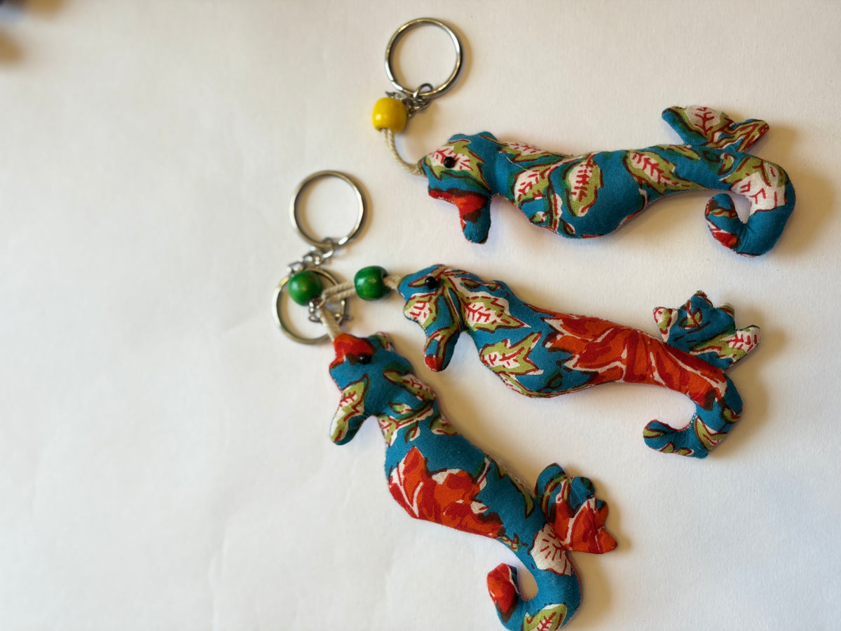 Blue seahorse keychain, handmade with fabric