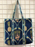 Block print blue bird flower tote