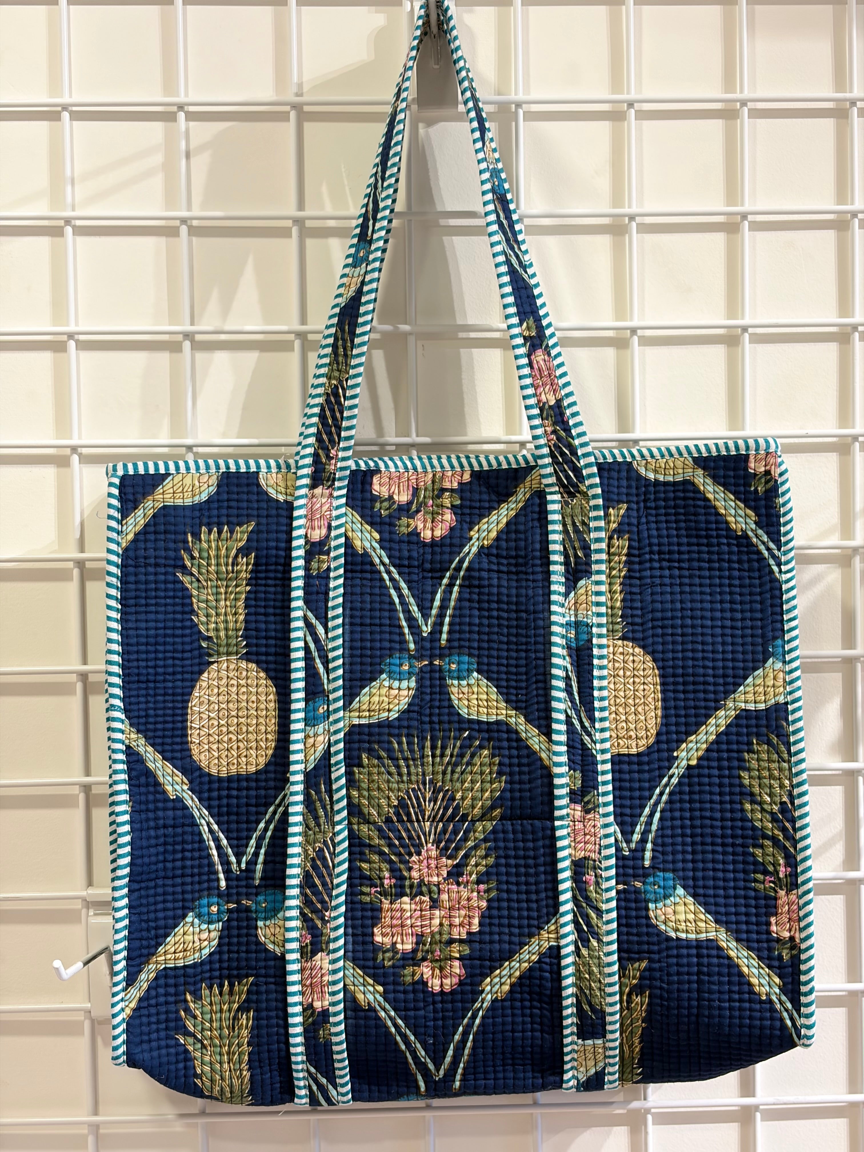 Block print blue bird flower tote
