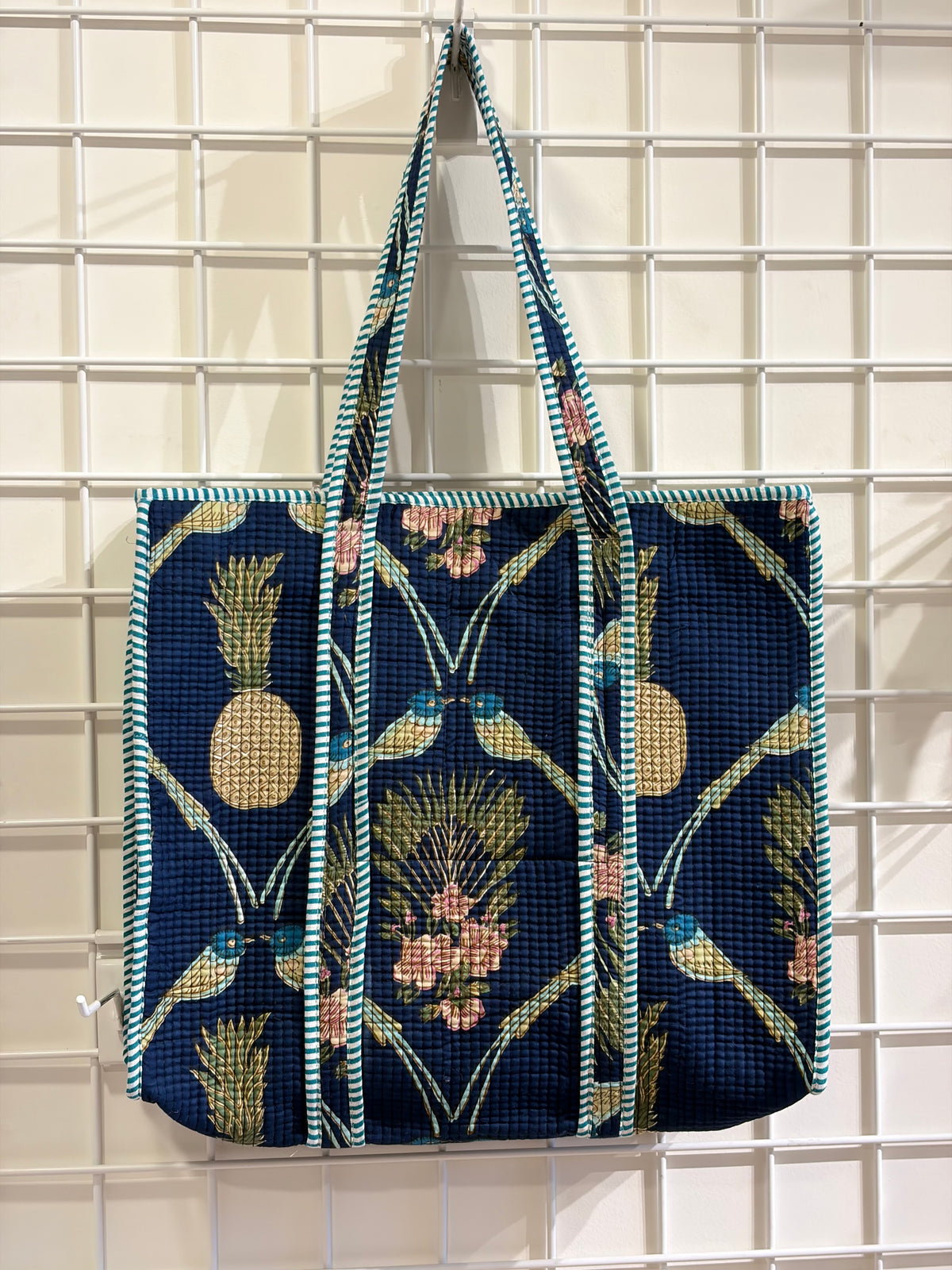 Block print blue bird flower tote
