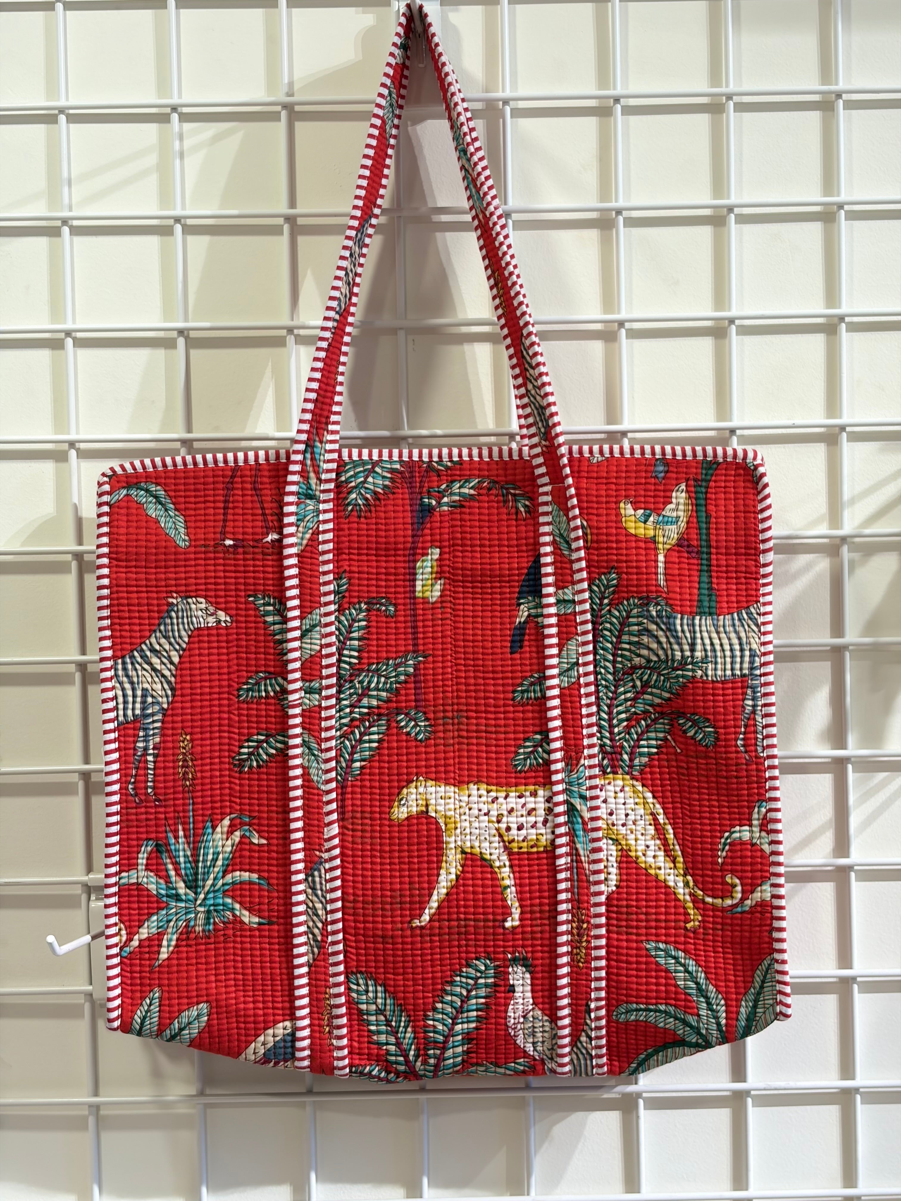 Red animal print tote