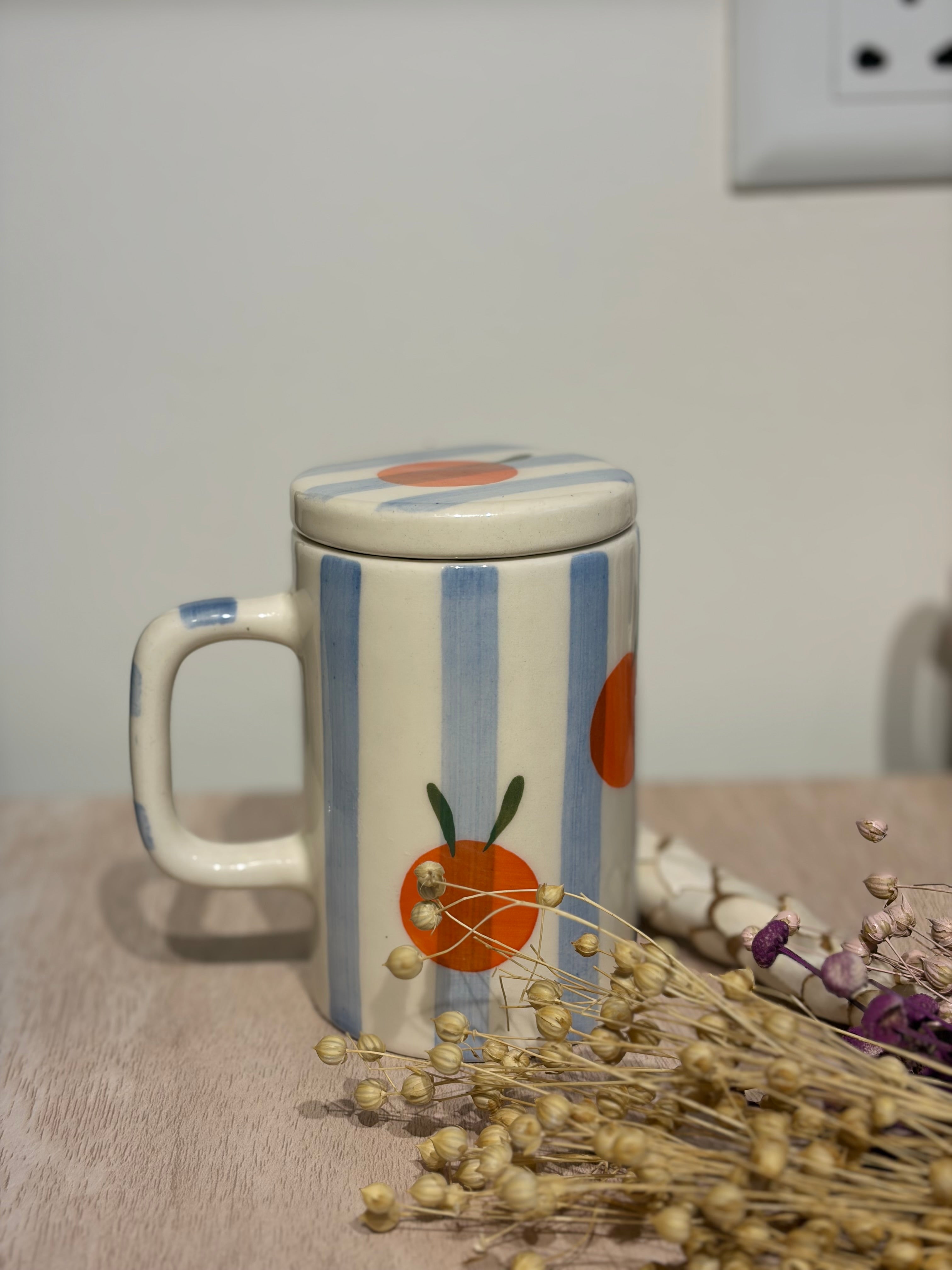 Blue strip mug with lid