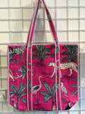 Pink tote with animal plant print